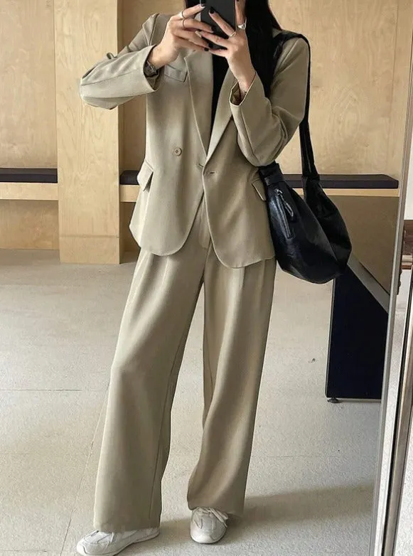 Wide-Leg Pants & Blazer Solid Color Suit Set