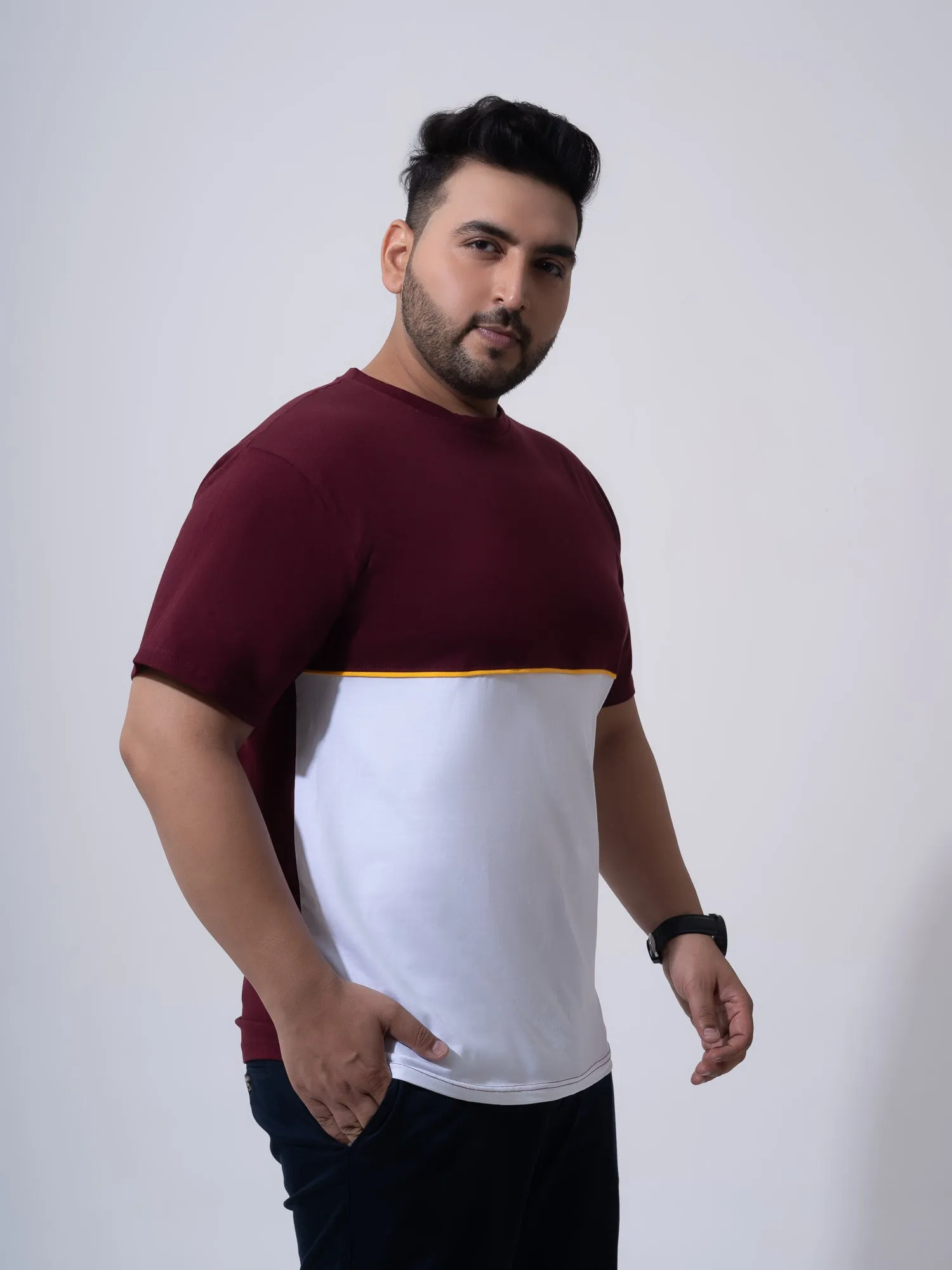 Wine with white yellow colourblock plus size t-shirt