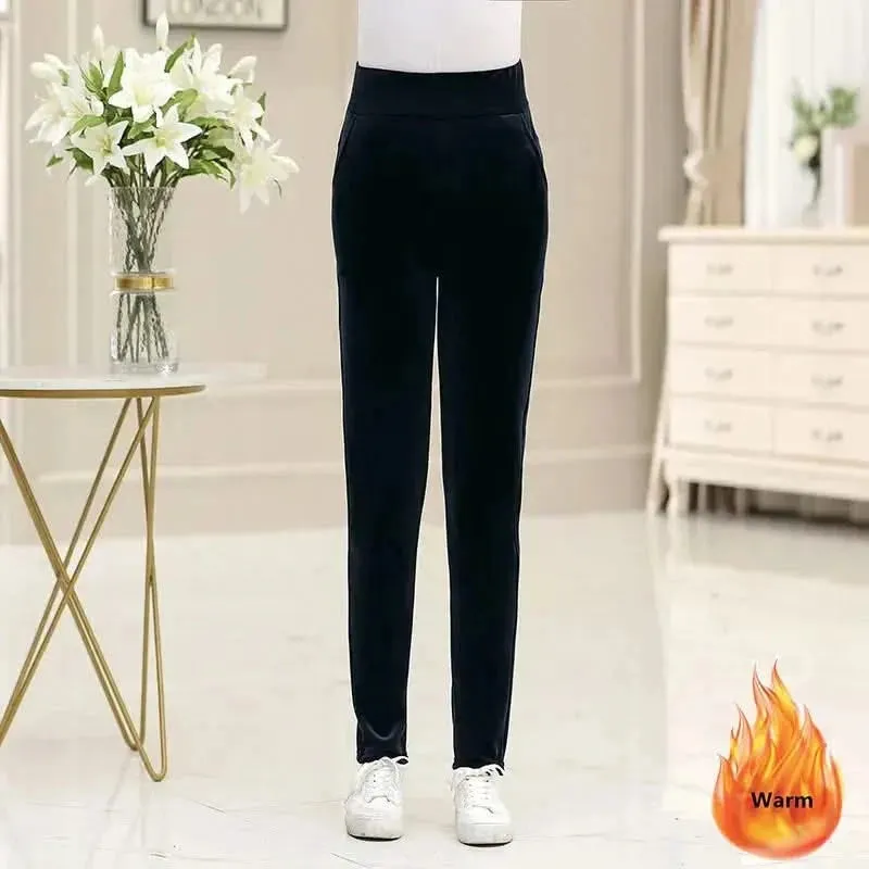 Winter Thicken Velvet Pencil Pants for Women - High Waist Plush Fleece Lined Big Size 5XL Ankle-length Pantalons