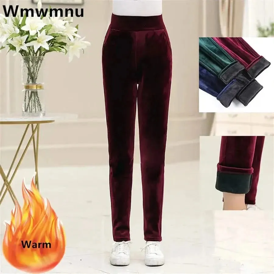 Winter Thicken Velvet Pencil Pants for Women - High Waist Plush Fleece Lined Big Size 5XL Ankle-length Pantalons