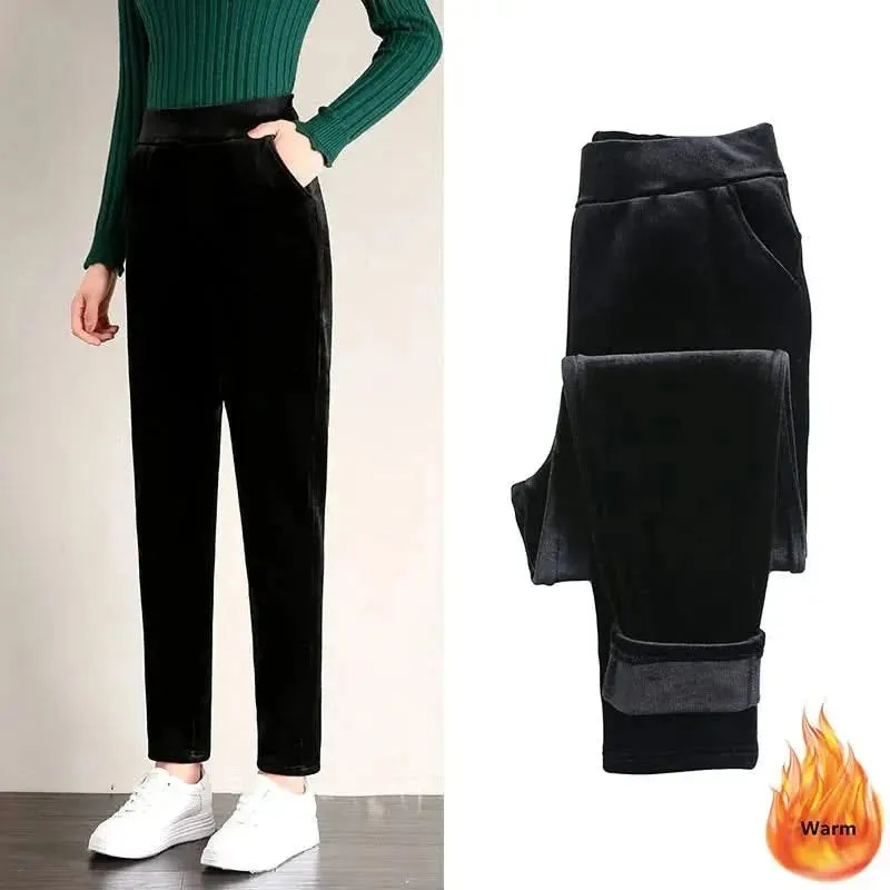 Winter Thicken Velvet Pencil Pants for Women - High Waist Plush Fleece Lined Big Size 5XL Ankle-length Pantalons