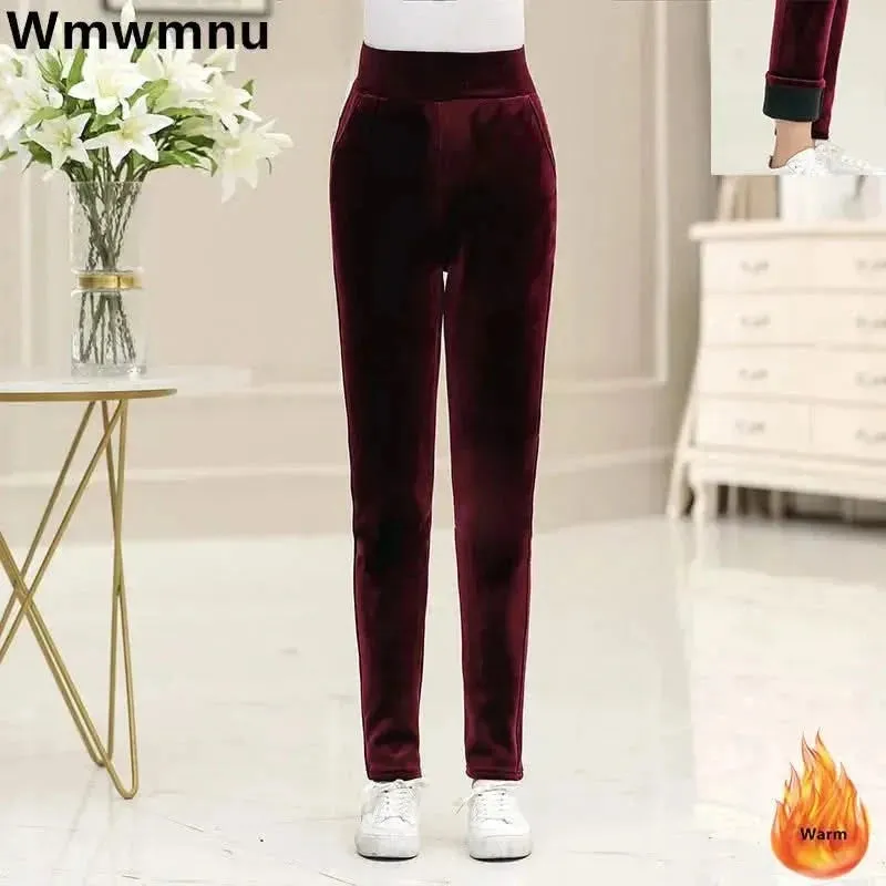 Winter Thicken Velvet Pencil Pants for Women - High Waist Plush Fleece Lined Big Size 5XL Ankle-length Pantalons