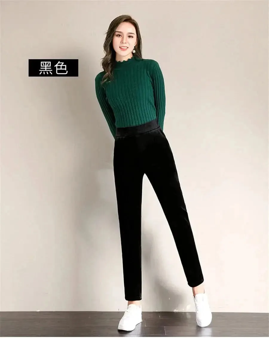 Winter Thicken Velvet Pencil Pants for Women - High Waist Plush Fleece Lined Big Size 5XL Ankle-length Pantalons