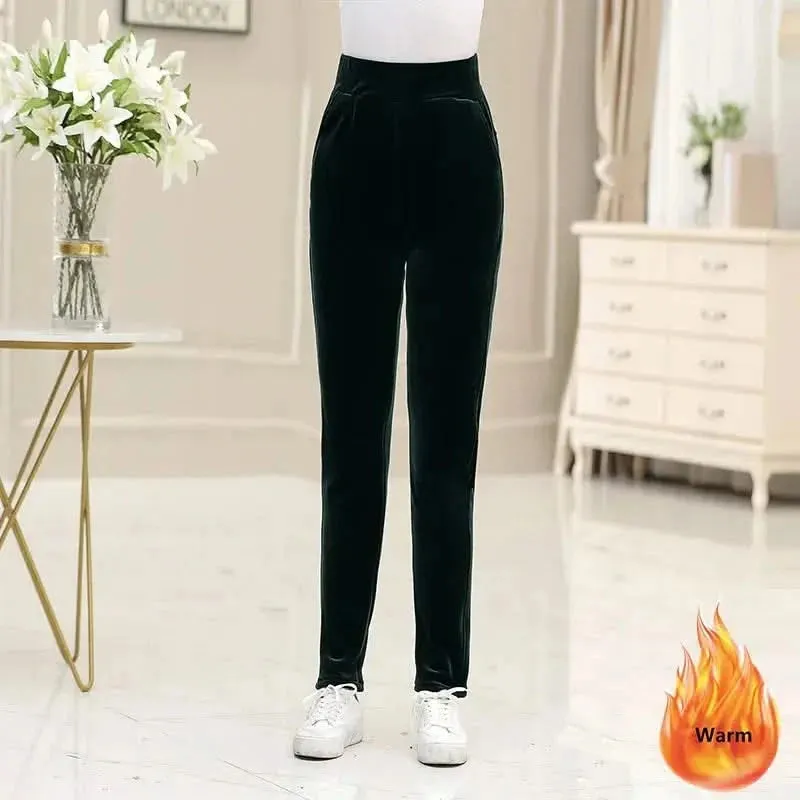 Winter Thicken Velvet Pencil Pants for Women - High Waist Plush Fleece Lined Big Size 5XL Ankle-length Pantalons