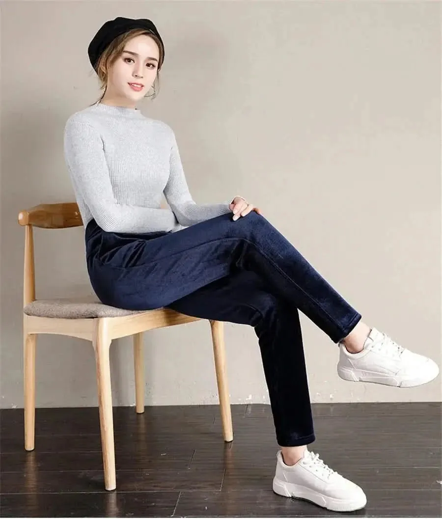 Winter Thicken Velvet Pencil Pants for Women - High Waist Plush Fleece Lined Big Size 5XL Ankle-length Pantalons