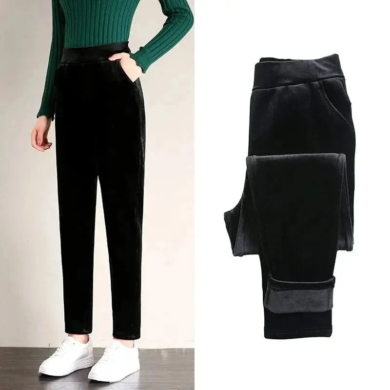 Winter Thicken Velvet Pencil Pants for Women - High Waist Plush Fleece Lined Big Size 5XL Ankle-length Pantalons