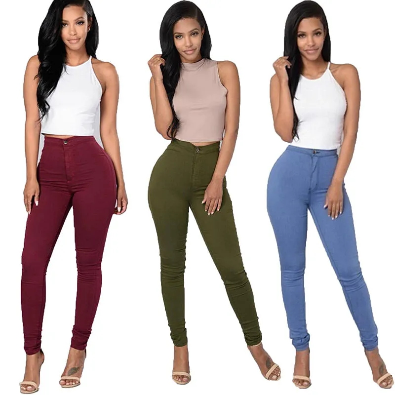 Wjczt Women Fashion Plain Color Skinny Jeans Zipper Trousers Casual High Waist Tights Leggings Stretch Push Up Slim Pencil Feet Pants