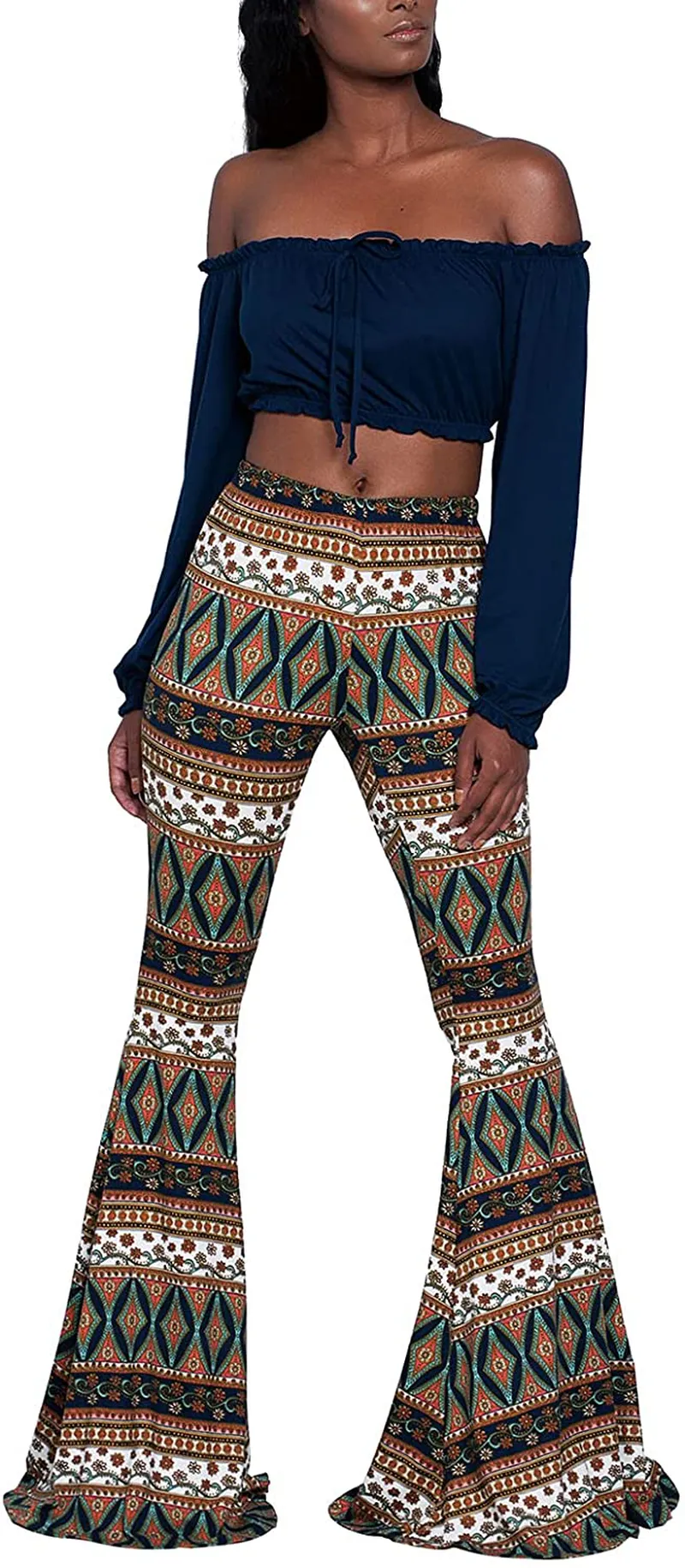 Women Boho Vintage Stretchy Bell Bottom High Waist Flare Pants Hippie Baggy Wide Leg Palazzo Trousers