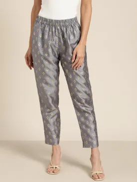 Women Grey Foil Print Pencil Pants