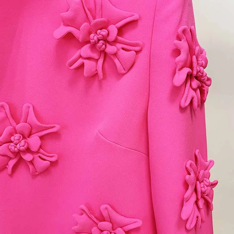 Women Hand Made 3D Flowers Flare High Neck and Cuffs Mini Dress Hot Pink / Black