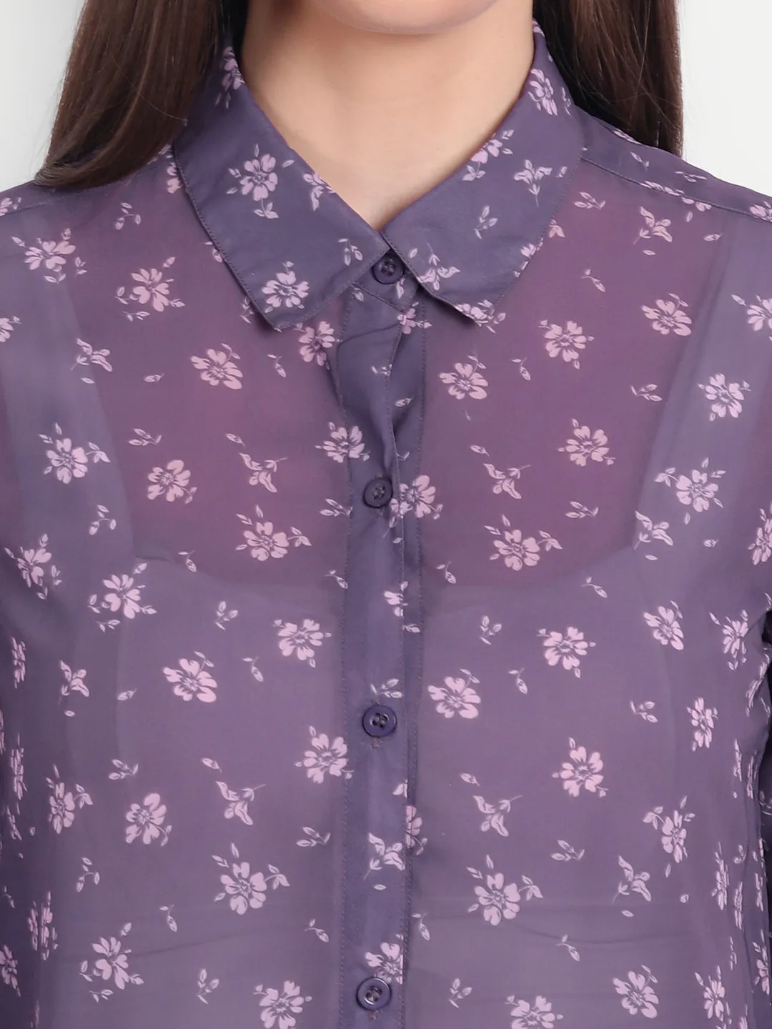 Women Purple Relaxed Semi Sheer Floral Printed Casual Shirt