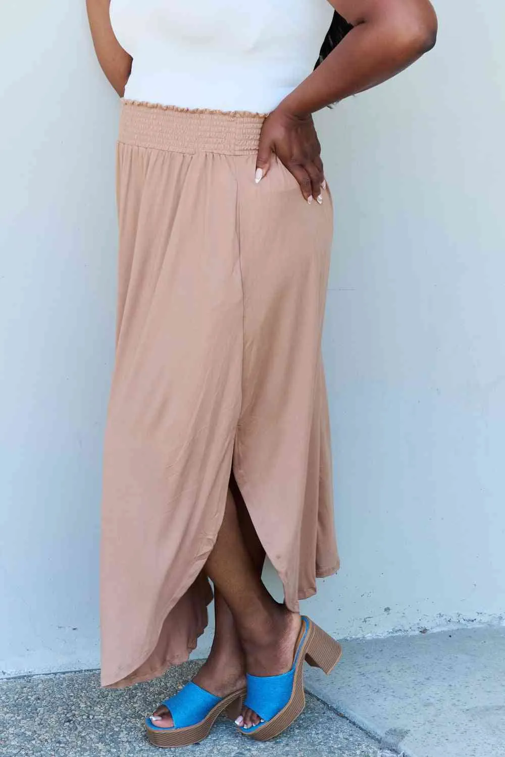 Women's Doublju Comfort Princess Full Size High Waist Scoop Hem Maxi Skirt in Tan