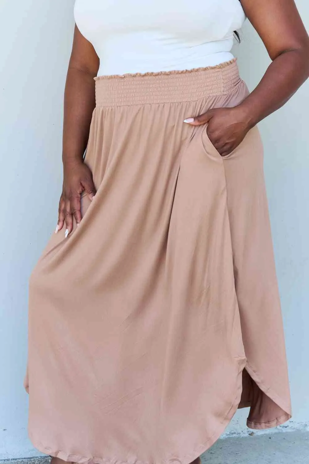 Women's Doublju Comfort Princess Full Size High Waist Scoop Hem Maxi Skirt in Tan