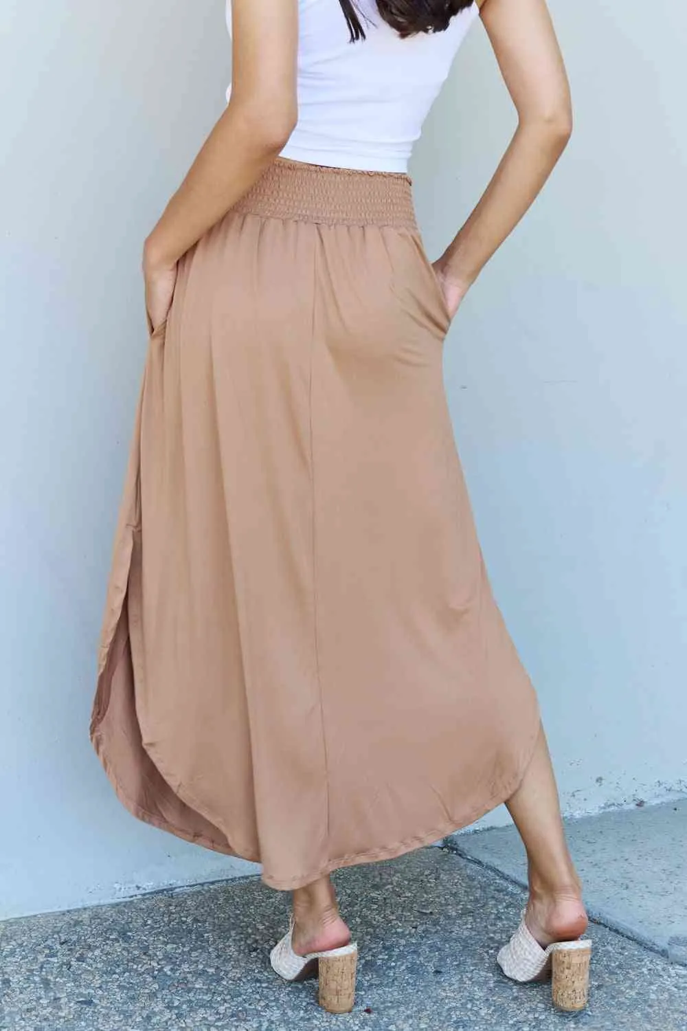 Women's Doublju Comfort Princess Full Size High Waist Scoop Hem Maxi Skirt in Tan