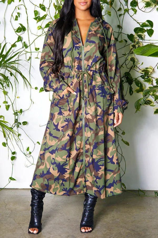 xiangtuibao Camouflage Classic Drawstring Hooded Trench Coat