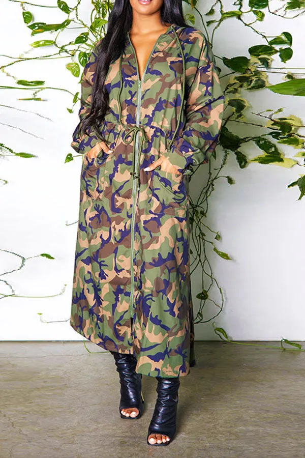 xiangtuibao Camouflage Classic Drawstring Hooded Trench Coat