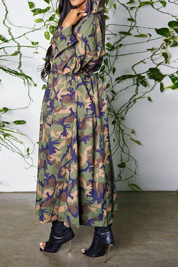 xiangtuibao Camouflage Classic Drawstring Hooded Trench Coat