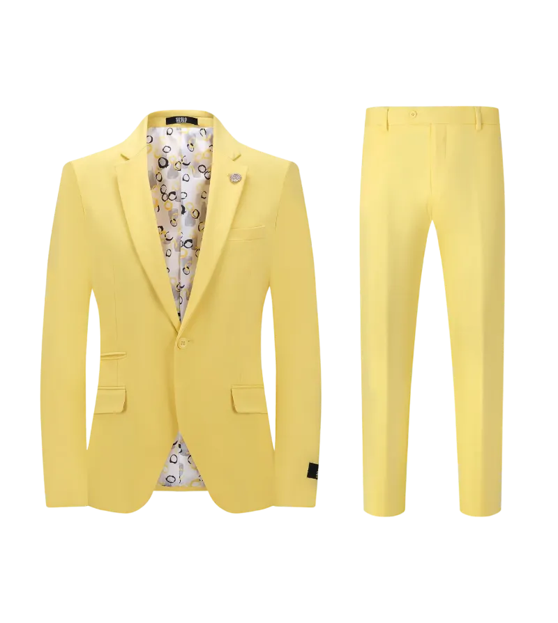 Yellow men's slim fit suit one button notch lapel flat front pants stretch fabric