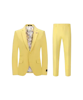 Yellow men's slim fit suit one button notch lapel flat front pants stretch fabric